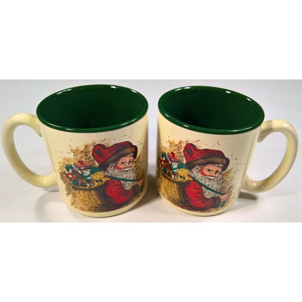 VTG 1987 Potpourri Press Santa Claus w/ Toy Sack - Set of 2 Mugs - Green/Cream